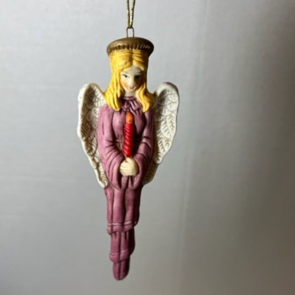 VTG Porcelain Teardrop Angel Holding Candle Christmas Tree Ornament 5" - Picture 4 of 5